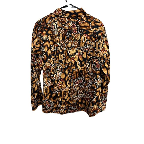 Jones New York Button Front Blouse Brown Black Sz 1X  Paisley Animal Print Work - Picture 2 of 10